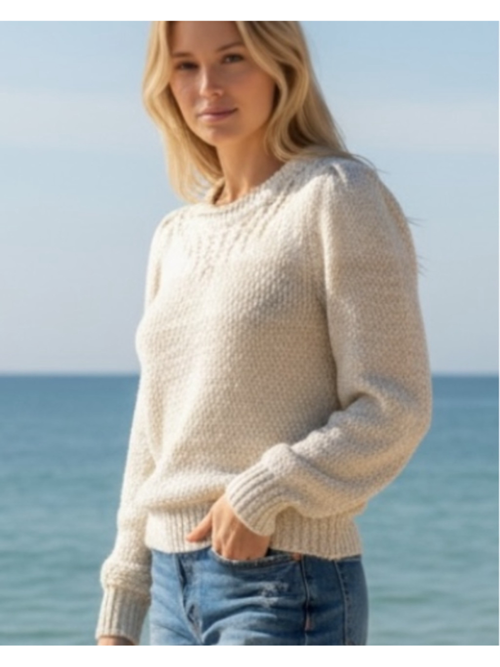 Heartloom Cream Textured Knit Sweater, L, Openwork Coastal Neutral